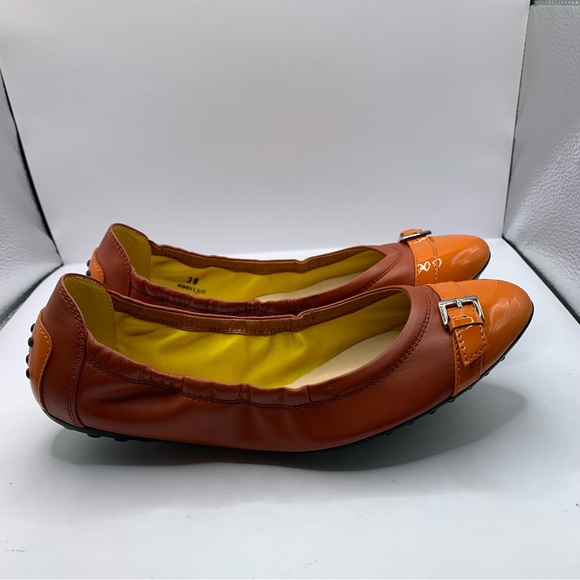Tod's Womens Leather Buckle Ballet Flats Bright Orange 38 US 8 Slip On Cap Toe - Picture 6 of 11